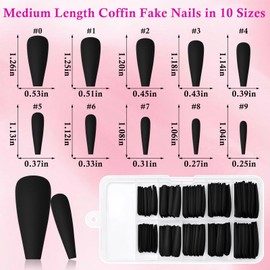 LoveOurHome 100pc Matte Coffin Press on Nails Long Fake Nails Black False Nails Medium Ballerina Acrylic Nails Press ons Nail Coffin Artificial Nails Women Girls Black Fake Fingernails 10 Sizes