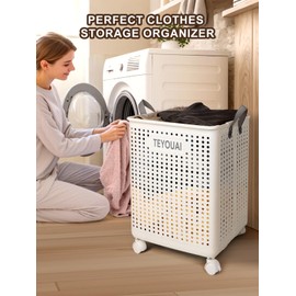 67L Rolling Plastic Collapsible Laundry Basket Cube Storage Bin Box Organizer with Wheels Handle Durable Ventilated Foldable Hamper for Bedroom Dirty Clothes Large Capacity