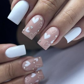 24Pcs Valentine's Day Press on Nails Short, Square White Heart Fake Nails with Rhinestone Design, Pink Glossy Acrylic Reusable Artificial False Nails Valentine's Stick on Nails Love Nails for Women
