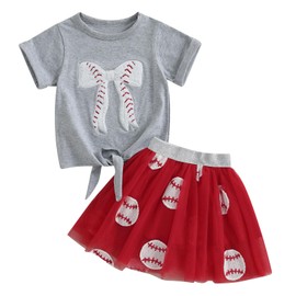 Kayotuas Toddler Baby Girl Golf/Baseball Outfit Cute Embroidery Shirt Tulle Skirt Set Fluffy Tutu Dress Sports Summer Clothes (Red Baseball, 2-3T)