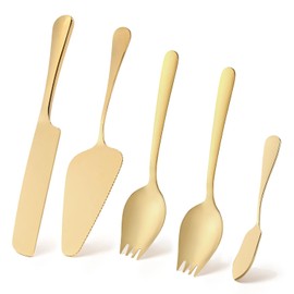 Juego de 5 cuchillos y servidores para tartas de boda, juego de corte de tartas de boda con porques, perfecto para regalo de cumpleaños, aniversario, Navidad, dorado