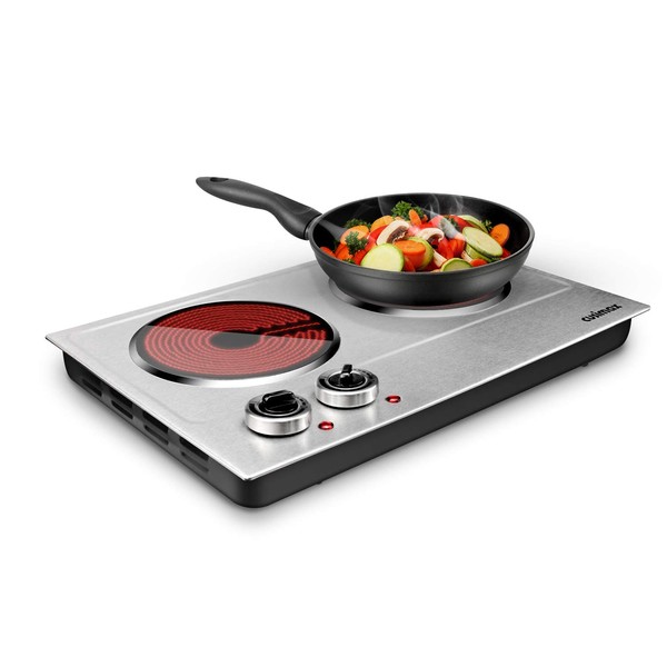 CUSIMAX 1800W Ceramic Electric Hot Plate for Cooking, Dual Control Infrared Portable Countertop Burner, Glass Cooktop, Silver, Stainless Steel-Upgraded Version