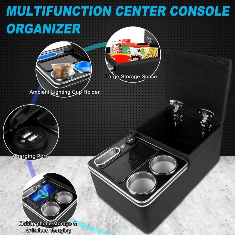 Car Center Console Armrest Organizer: with W-ireless Charging, Fast Charging,