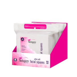 Swisspers Premium Facial Square Pads, 100% Pure Cotton, 150-Count Pads per Pack, 3 Packs (450 Pads Total)
