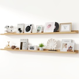 RICHFOCUS Picture Ledge Shelf, 72 inch Solid Wood Floating Shelves with Lip for Wall Storage, Nursery Book Shelves for Living Room Bathroom Bedroom Kitchen, Set of 2, Natural