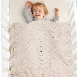 Baby Cellular Blanket 100% Cotton Blankets Knitted Baby Blanket Breathable Pram/Travel/Moses Basket for Outdoor(100x80cm) (Beige)