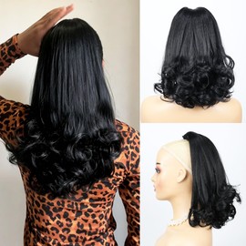 16 Inch Yaki Drawstring Ponytail for Black Women Synthetic Kinky Straight Ponytail Extensions With Curly End (Black)