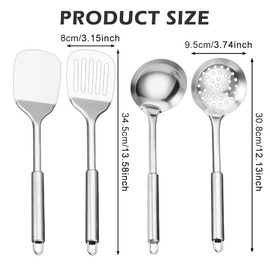 4 Pcs Stainless Steel Kitchen Utensils, Include Solid Turner, Slotted Turner, Skimmer and Ladle, Essential Cooking Gadgets for Home & Professional Use(Color:Silver)