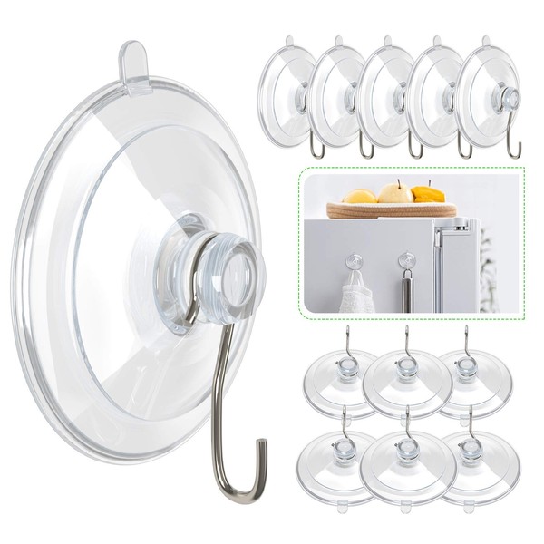 Jeowoqao Multi-Purpose Suction Cup Hooks, 12 Pack Clear Reusable PVC Sucker Pads with Metal Hook, Heavy Duty Plastic Suction Hooks for Bathroom Kitchen Shower Wall Window Glass Door 1.77 Inches