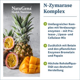 NatuGena N-Zymarase Komplex, 16 verschiedene Enzyme, Betain, Bromelain & Papain, Verdauungsenzyme, 90 Kapseln (30 Tage Packung)
