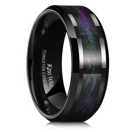 King Will Men's Tungsten Wedding Ring 8mm Black with Purple & Green Sand Inlay Polished Edge Comfort Fit, Size 9