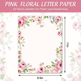 AnyDesign 60 Sheets Floral Stationery Letterhead Paper Pink Flower Blossom Letter Paper Spring Writing Paper Notes Greeting Paper for Wedding Birthday Invitation Office Printing, 8.5 x 11 Inch