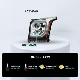 TUSDAR Headlights for 2015-2020 GMC YUKON SLT/SLE/XL SLT/SLE with LED DRL [Halogen OE Style] Projector Headlamp Replacement with Bulbs NOT FIT Denali Molel Left Driver Side