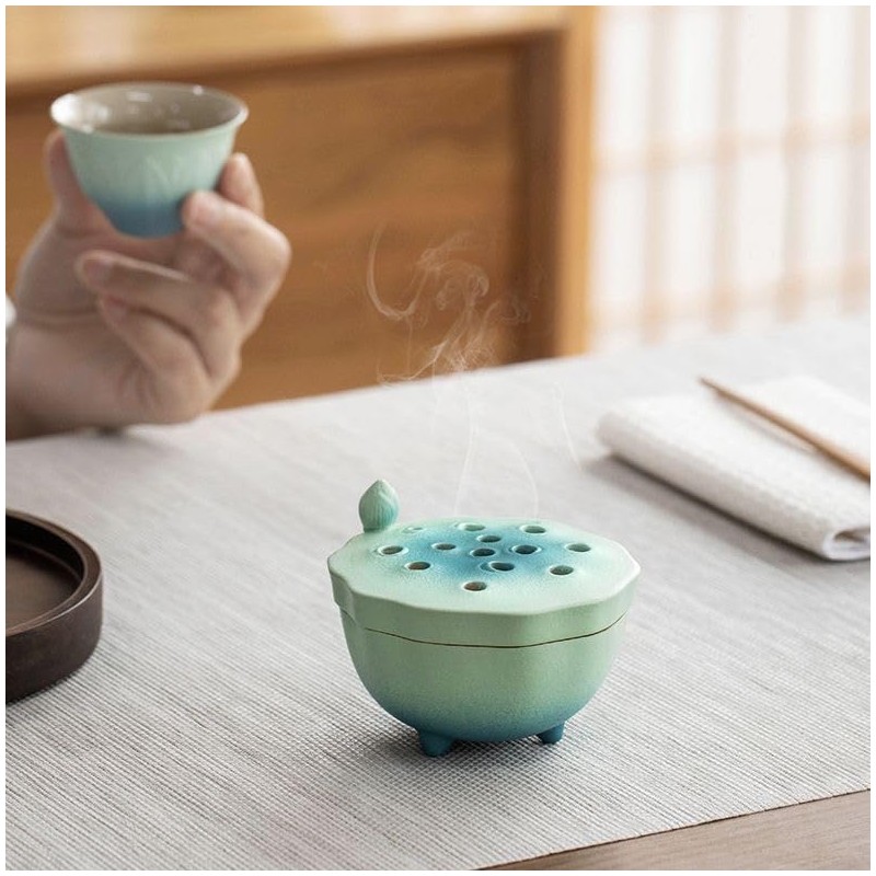 Zen Incense Burner with Lotus Lid Design (Lake Blue), Ceramic