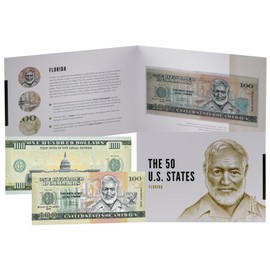 HOBBY OF KINGS USA 100 Dollar Note | Florida Commemorative Souvenir | Ernest Hemingway Portrait | Pilar Boat Drawing | Collector's Album | The 50 U.S. States Edition