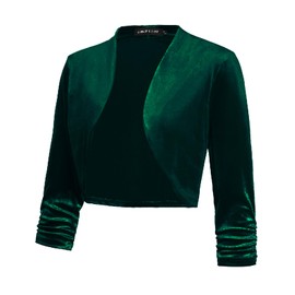 LADI TREND Ladies Cropped Cardigan Velvet Open Front Shrug Vintage Cardigans for Dresses Bolero (Green L)
