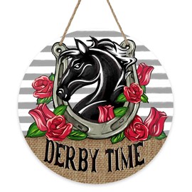 Bolisom Kentucky Derby Time Front Door Sign, Horse Racing Horseshoe Rose Flowers Wood Door Hanger Outdoor Outside Porch Decor, Grey Stripes Rustic Wooden Wreath Indoor Wall Hanging Decoration
