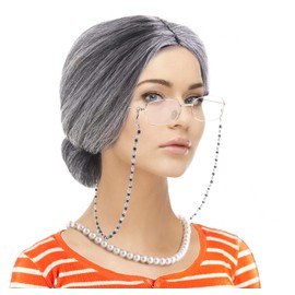 Feacole Old Lady Costume Set-Grandmother Wig,Wig Caps, Madea Granny Glasses, Eyeglass Retainer Chain,Pearl Necklace(5 Pieces)