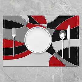Abstract Art Table Place Mats 45X30cm Set of 4 Soft Black White Red Grey Geometric Placemat for Kitchen Dining Table Decoration Indoor Outdoor Modern Art Placemats for Dining Table