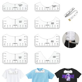 Kapokr 8 T-Shirt Alignment Ruler Plotter Accessories with 1 Soft Tape Measure, Transparent Ironing Ruler, DIY Tool Shirt for Designing T-Shirts with Crew Neck and V-Neck