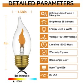 XIAOKALAMI LED Flame Effect Light Bulb E26 Flickering Candle Light Bulbs Crystal Clear Candle Bulb for E26 Edison Base, Red Light Two Mode (Flame and Steady on),C35(2pack)