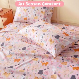 Full Size Sheet Set for Kids, 4-Piece Bed Sheet Set for Teens Boys Girls, Cartoon Printed Bedding Set, Microfiber Deep Pocket, Wrinkle & Fade Resistant, Cute Cats