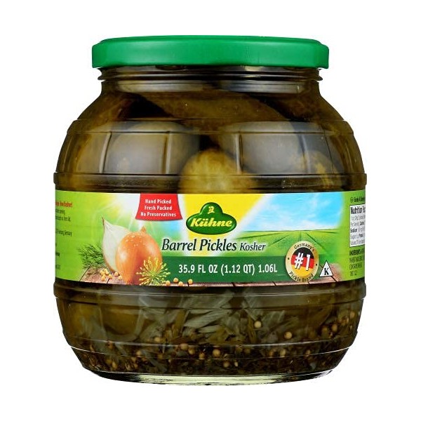Kuhne Kosher Barrel Pickles, 35.9 fl oz, from Germany with with dill, onions and mustard seeds (pack of 2)