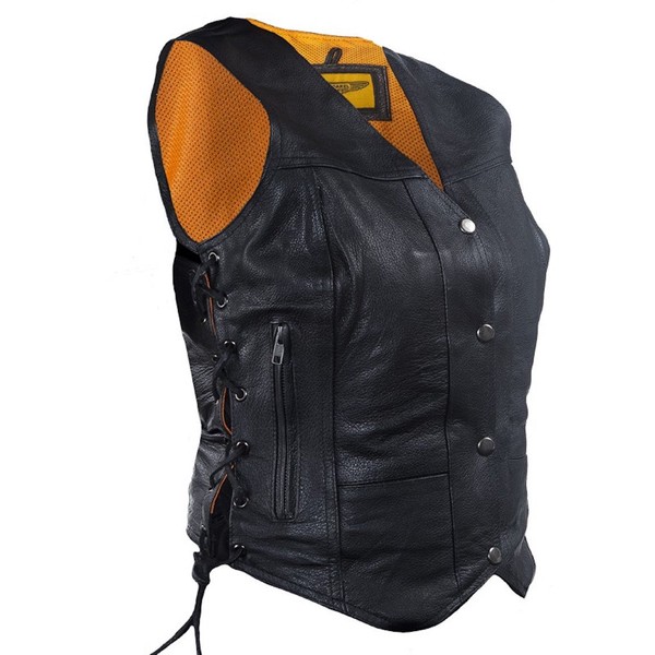 Womens 7 Pocket Naked Leather Motorcycle Vest with Gun Pockets (3XL, Black)