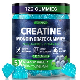 TOPCAPAK Creatine Gummies for Men & Women - Chewable Creatine Monohydrate Gummies with Taurine & Vitamin B12, 5g Creatine per Serving, Blueberry Flavor, Raspberry-Shaped - 120 Count