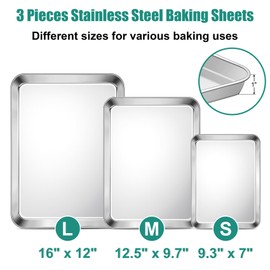 TeamFar Baking Sheet Set of 3, 16/12.5/9.3 Inch Stainless Steel Cookie Sheets Baking Pans, Metal Oven Baking Tray for Cooking Roasting Serving, Non-Toxic & Mirror Finish & Dishwasher Safe