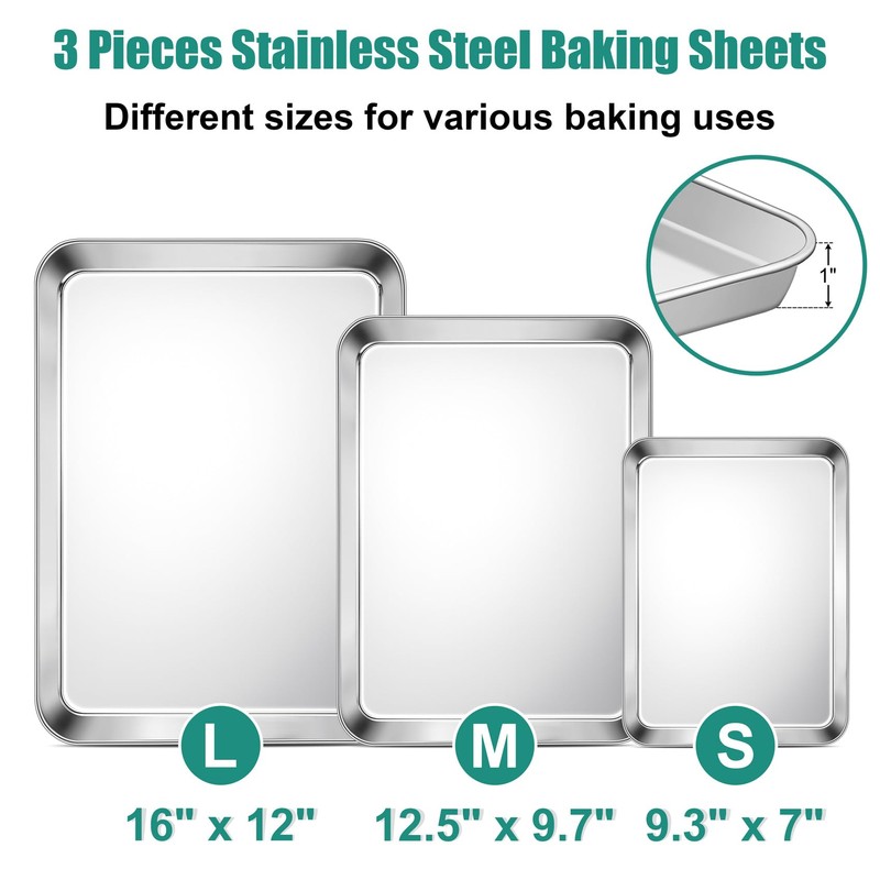 TeamFar Baking Sheet Set of 3, 16/12.5/9.3 Inch Stainless Steel