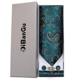 DiBanGu Teal Paisley Cravat for Men Jacquard Woven Ascot Tie Pocket Square Cufflinks Set with Tie Ring