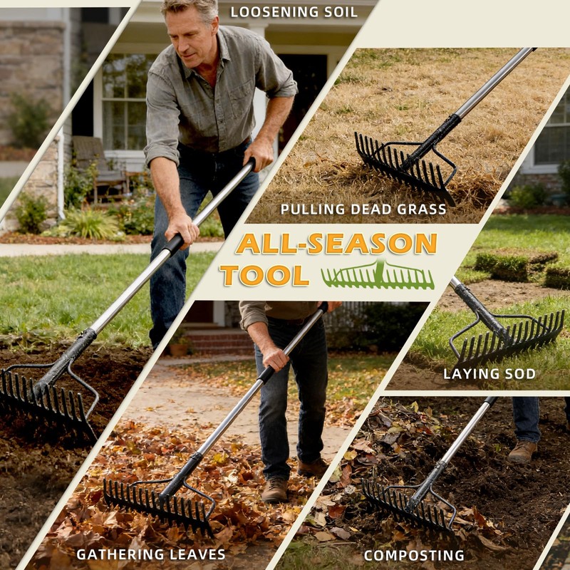 Bow Rake , 2-in-1 77in Metal Garden Lawn Rake for