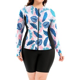 Daci Women 2 Piece Plus Size Long Sleeve Rash Guard Bathing Suit Zip Front Athletic Boy Shorts Tankini Swimsuits UPF 50, Mint Green, XX-Large