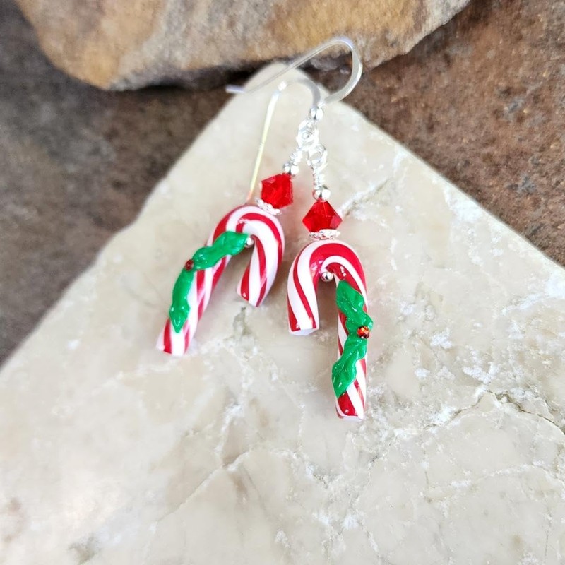 Candy Cane Christmas Earrings Sterling Silver