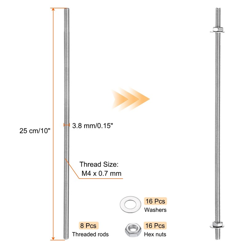 sourcing map 8pcs 8/32 Inch M4 Threaded Rods with 40pcs