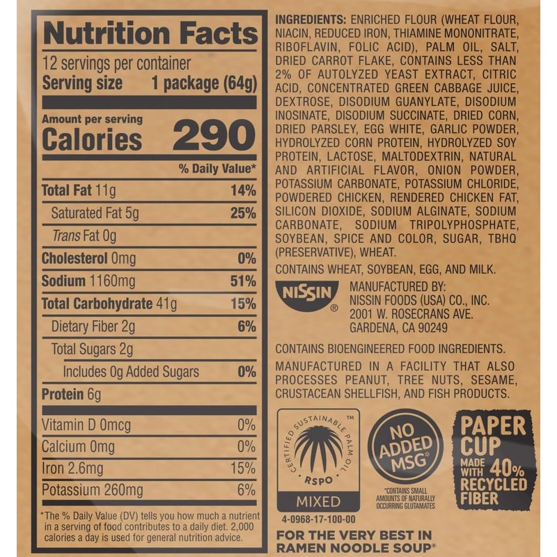 Nissin Cup Noodles Ramen Noodle Soup, Chicken, Microwaveable Paper Cup,