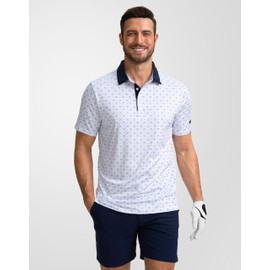 Obla Mens Golf Polo Shirts Short Sleeve Dry Fit Performance Moisture Wicking Casual Print Collared Golf Shirts for Men(White Golf Clubs_M)