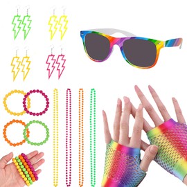 KPSRFG 14Pcs 80s Fancy Dress Costumes Accessories, Neon Party Accessories, 80s Earrings for Women, 80s Jewellery for Women, Neon Necklaces Bracelets Fishnet Gloves Earrings