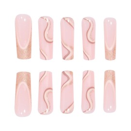 MISUD Long Square Press on Nails Squoval Fake Nails Glossy Glue on Nails Bling Gold Glitter Acrylic Nails French Tip Artificial Nails Wave Line Stick on False Nails with Swirl Design 24 pcs
