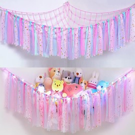 Stuffed Animals Net or Hammock with LED Light, Toy Hammock Net with Tassels Hanging Stuffed Animals Storage Holder Room Décor for Nursery Kids Bedroom (Pink)