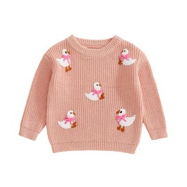 Toddler Baby Girl Sweater Cute Kids Duck Goose Outfit Little Girls Long Sleeve Bow Knit Sweatshirt Pullover Tops (Dark Pink, 12-18 Months)
