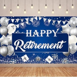Tagoofely 6x3.6FT Blue Silver Happy Retirement Banner Blue Happy Retirement Backdrop Decorations,Happy Retirement Decorations for Men,Retirement Banner for Women.
