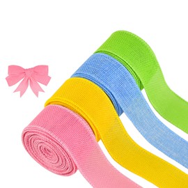 Mupera Gift Wrap Burlap Ribbon 4 Rolls Kit Total 20 Yard, 1-1/2 Inch Pink & Yellow & Apple Green & Light Blue Burlap Fabric Ribbon, Applies to Outdoor Decoration, Christmas for Gift Wrapping
