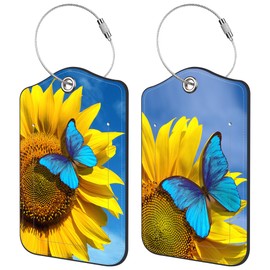 Luggage Tags for Suitcase Blue Butterfly Yellow Flower 2 PCS Leather Travel Luggage Tag with Stainless Steel Loop Name ID Label Privacy Cover for Women Men Travel