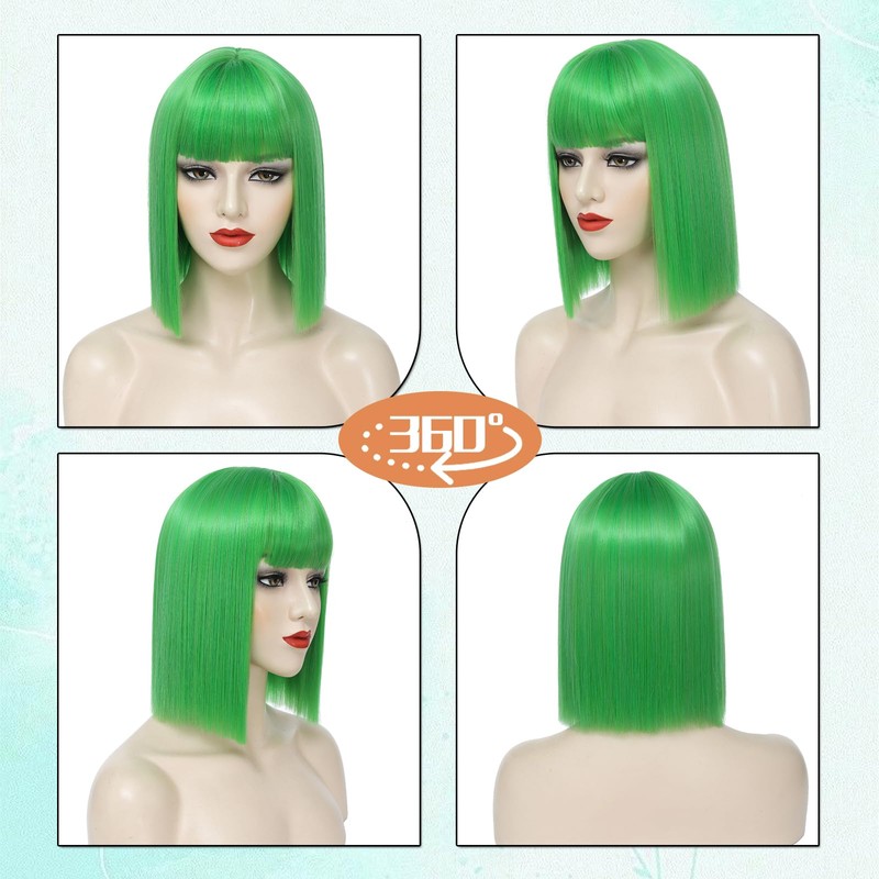 YOROSTAR Green Straight Bob Wig With Bangs - Short Green