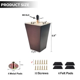 Txcucc Sofa Legs Square Bed Feet 5 inch Wood Replacement Leg for Furniture Set of 4, Dark Brown…