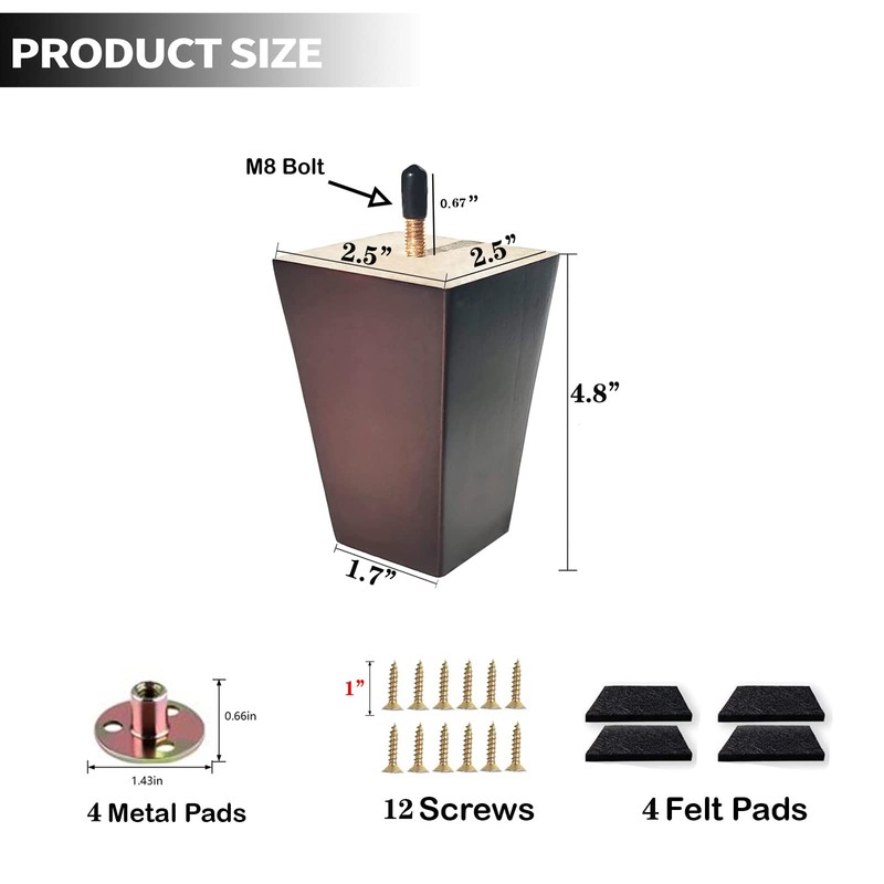 Txcucc Sofa Legs Square Bed Feet 5 inch Wood Replacement