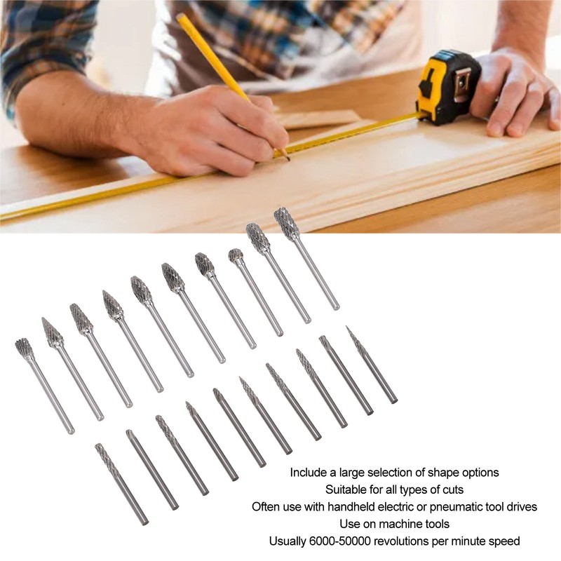 20Pcs Tungsten Carbide Carving Bits Double Cut Rotary Burr Set