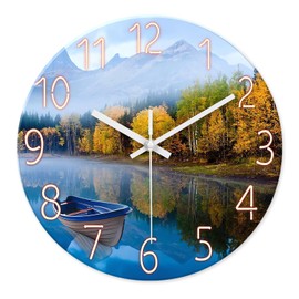 XFM Natural Landscape Wall Clock for Bedroom - Glass Blue Wall Clock Battery Operated 12 Inch - Modern Lake Wall Clock Silent - Mountain Wall Clock